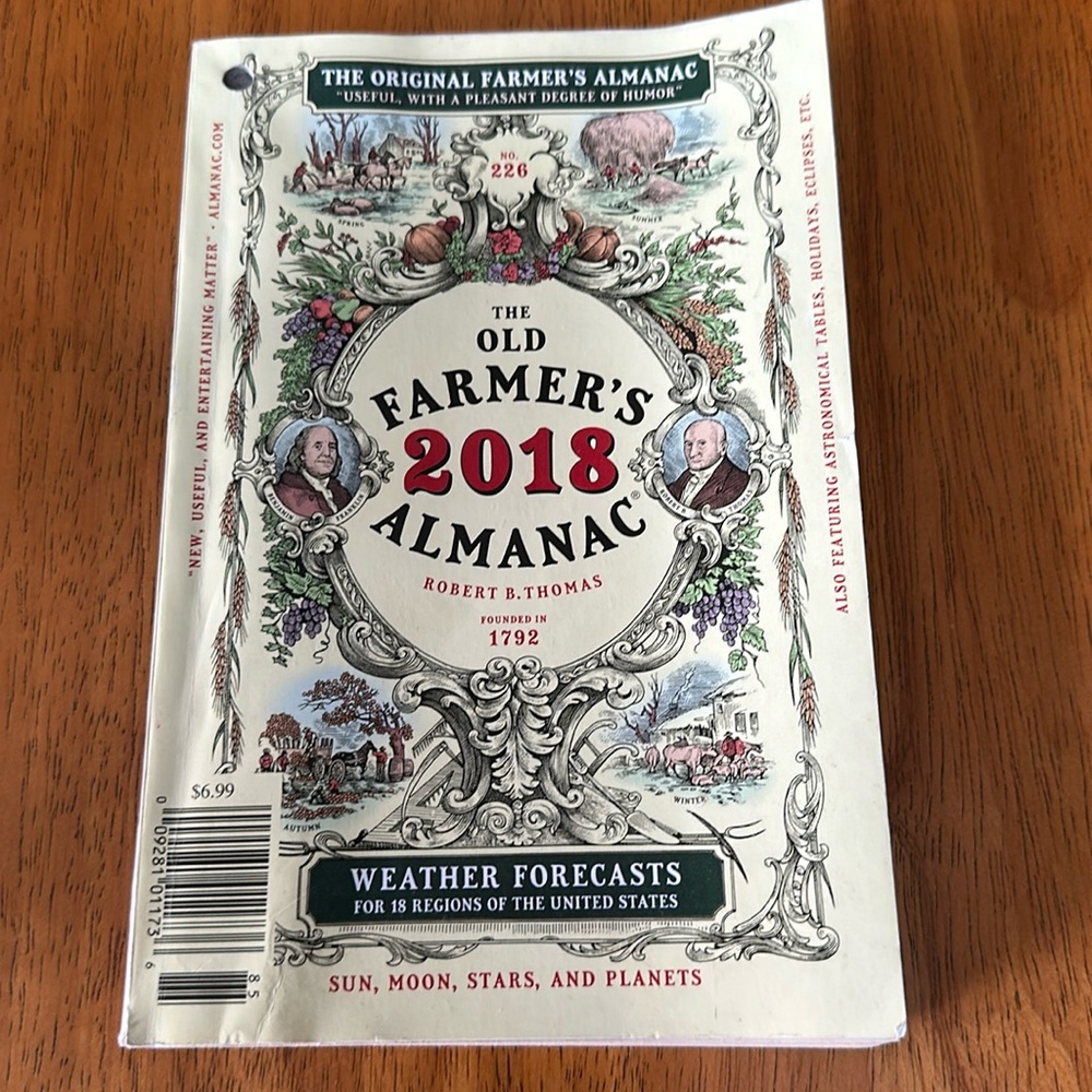 Farmer’s Almanac from 2018. Weather forecasts, sun, moon, stars, and planets.